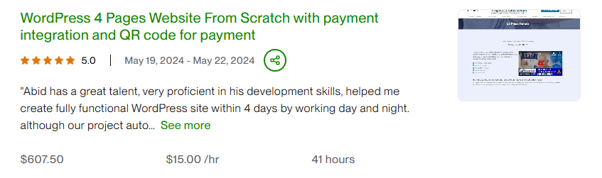 WordPress 4 Pages Website - 5.0 stars, $607.50 project